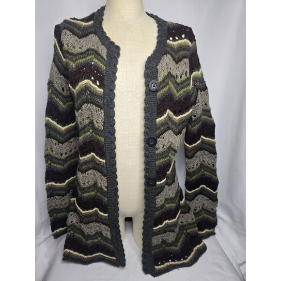 Putumayo 100% Wool Open Knit Cardigan Striped Multicolor Women's Size Small Boho - Picture 3 of 9